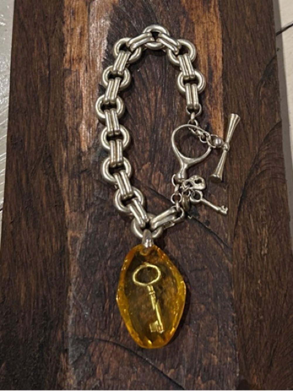 Fossil Silver Link Bracelet with Amber Yellow Key Charm